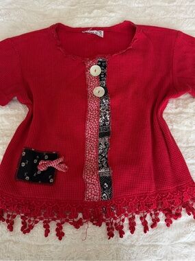 Girls' Red Waffle Knit Top with Button & Lace Trim